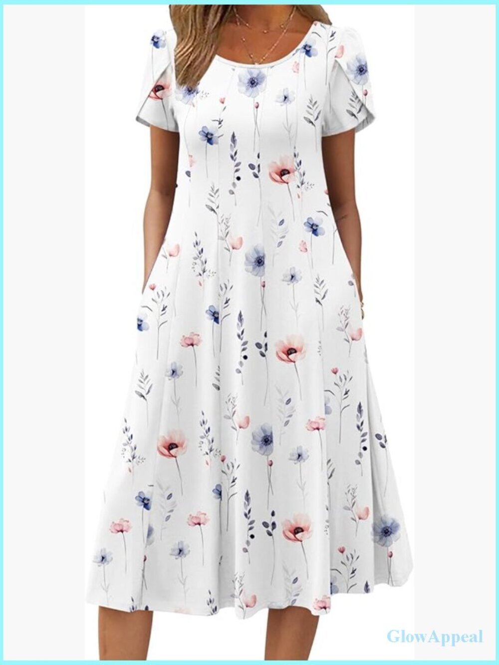 Short Sleeve Flowy Midi Dress with Pockets Pleated A-Line Sundress